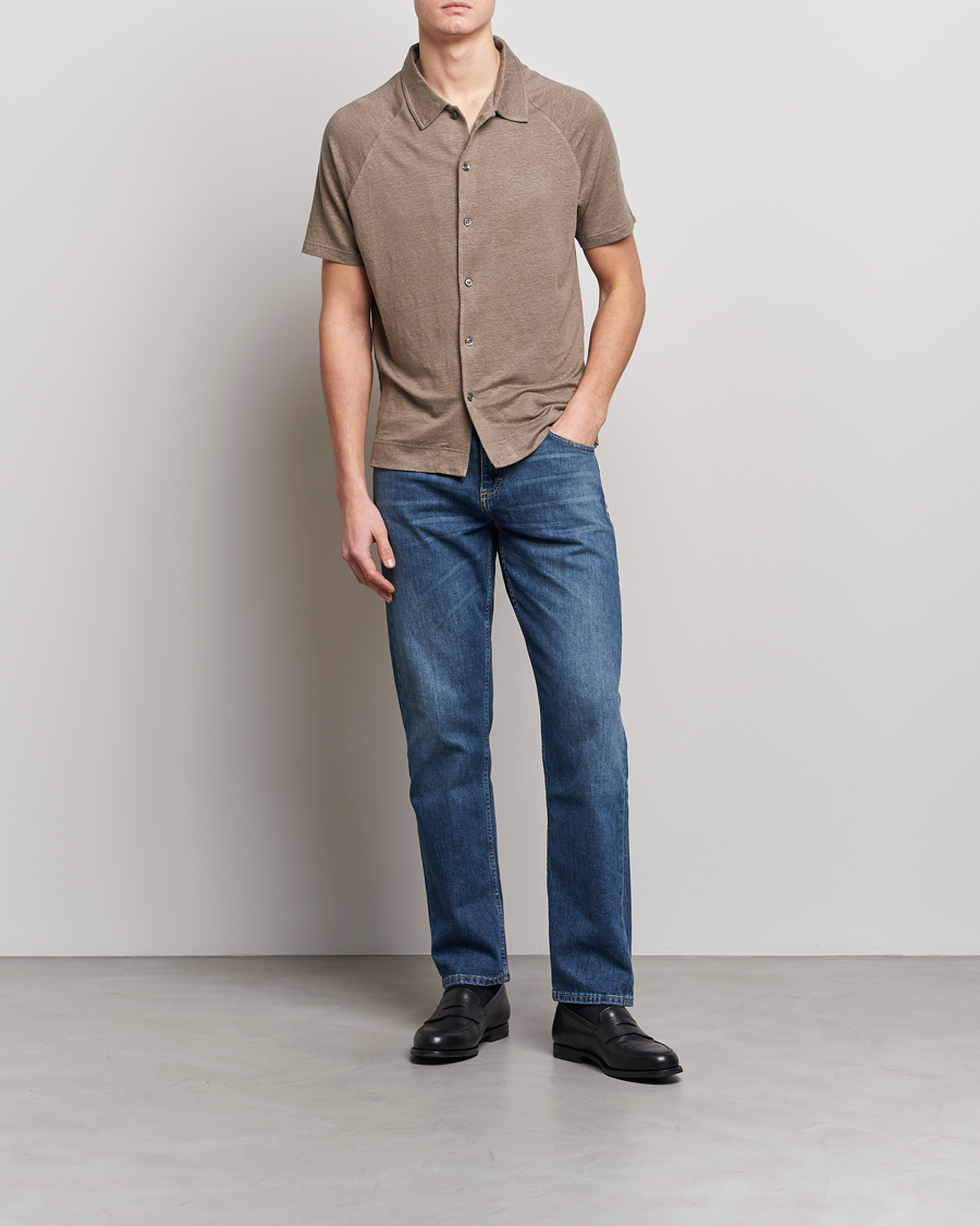 Herren | Hemden | Oscar Jacobson | Albin Short Sleeve Linen Polo Taupe