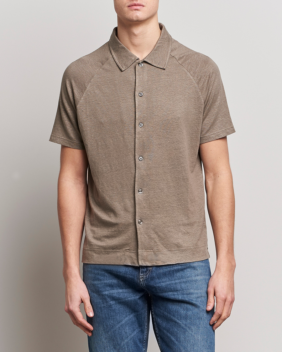 Herren | Hemden | Oscar Jacobson | Albin Short Sleeve Linen Polo Taupe