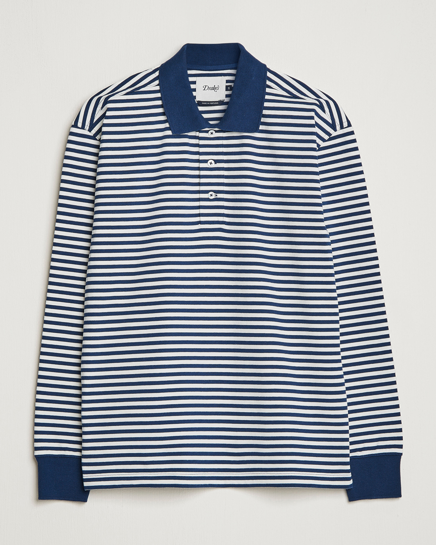 Herren | Pullover | Drake's | Striped Long Sleeve Jersey Polo White/Navy