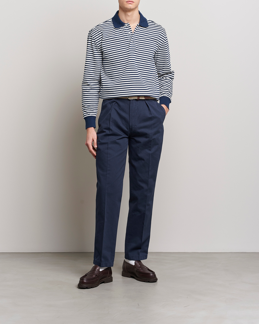 Herren | Pullover | Drake's | Striped Long Sleeve Jersey Polo White/Navy