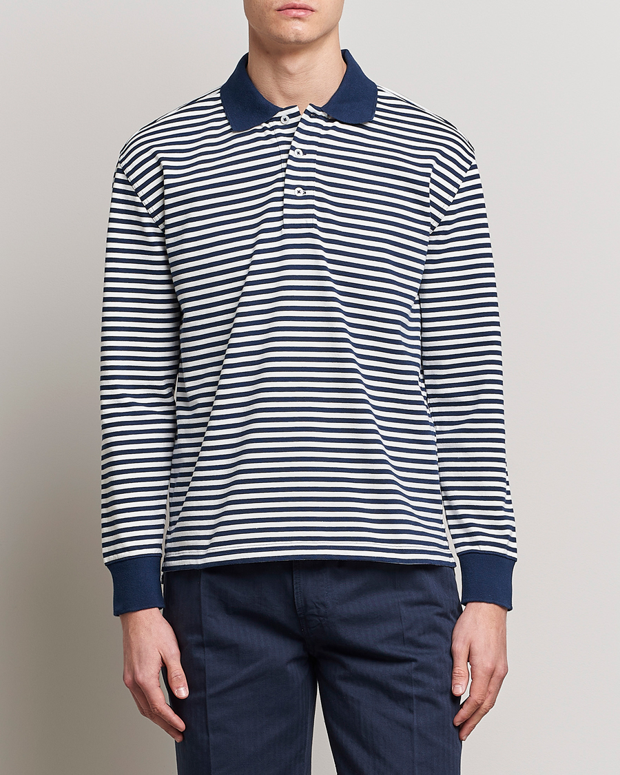 Herren | Pullover | Drake's | Striped Long Sleeve Jersey Polo White/Navy