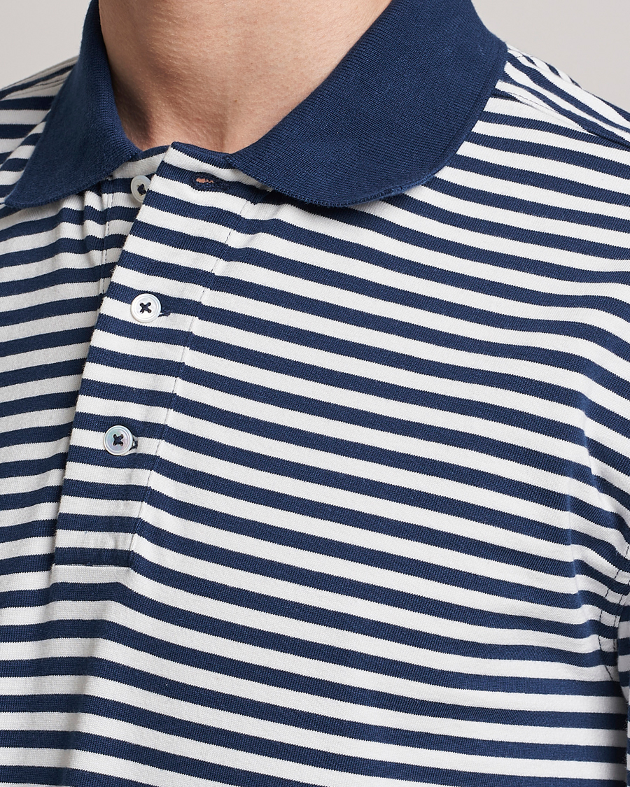 Herren | Pullover | Drake's | Striped Long Sleeve Jersey Polo White/Navy
