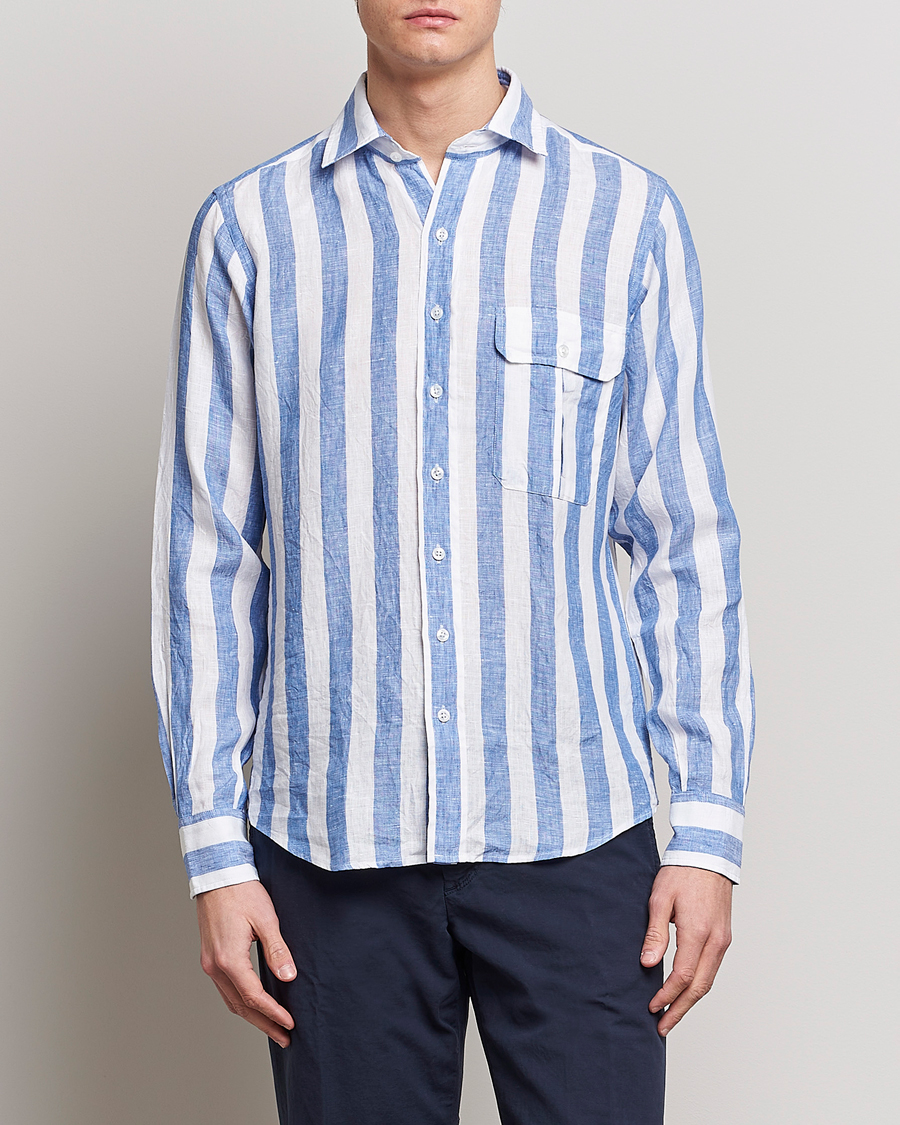 Herren | Hemden | Drake's | Broad Stripe Linen Spread Collar Shirt Blue