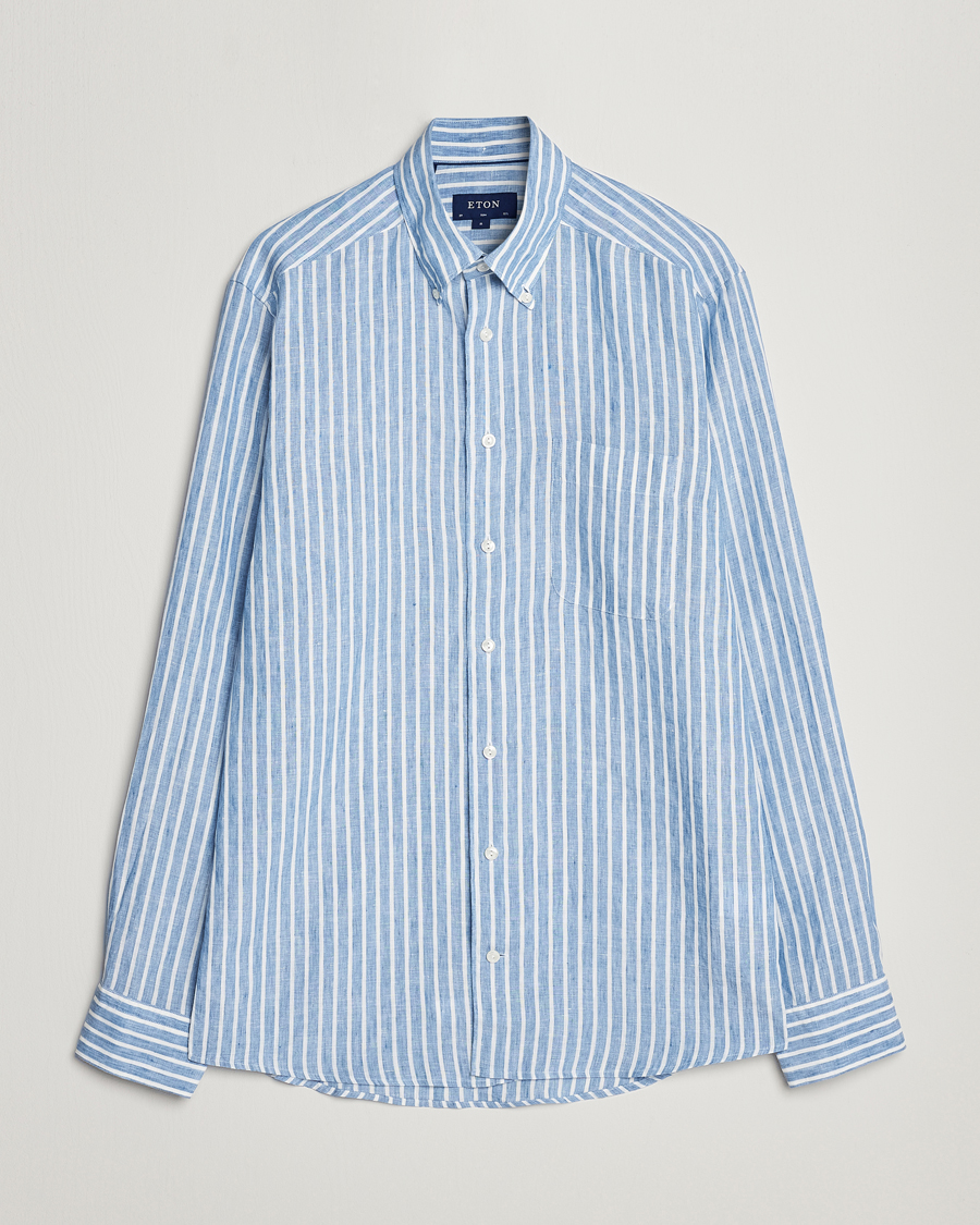Herren | Hemden | Eton | Slim Fit Striped Linen Shirt Mid Blue