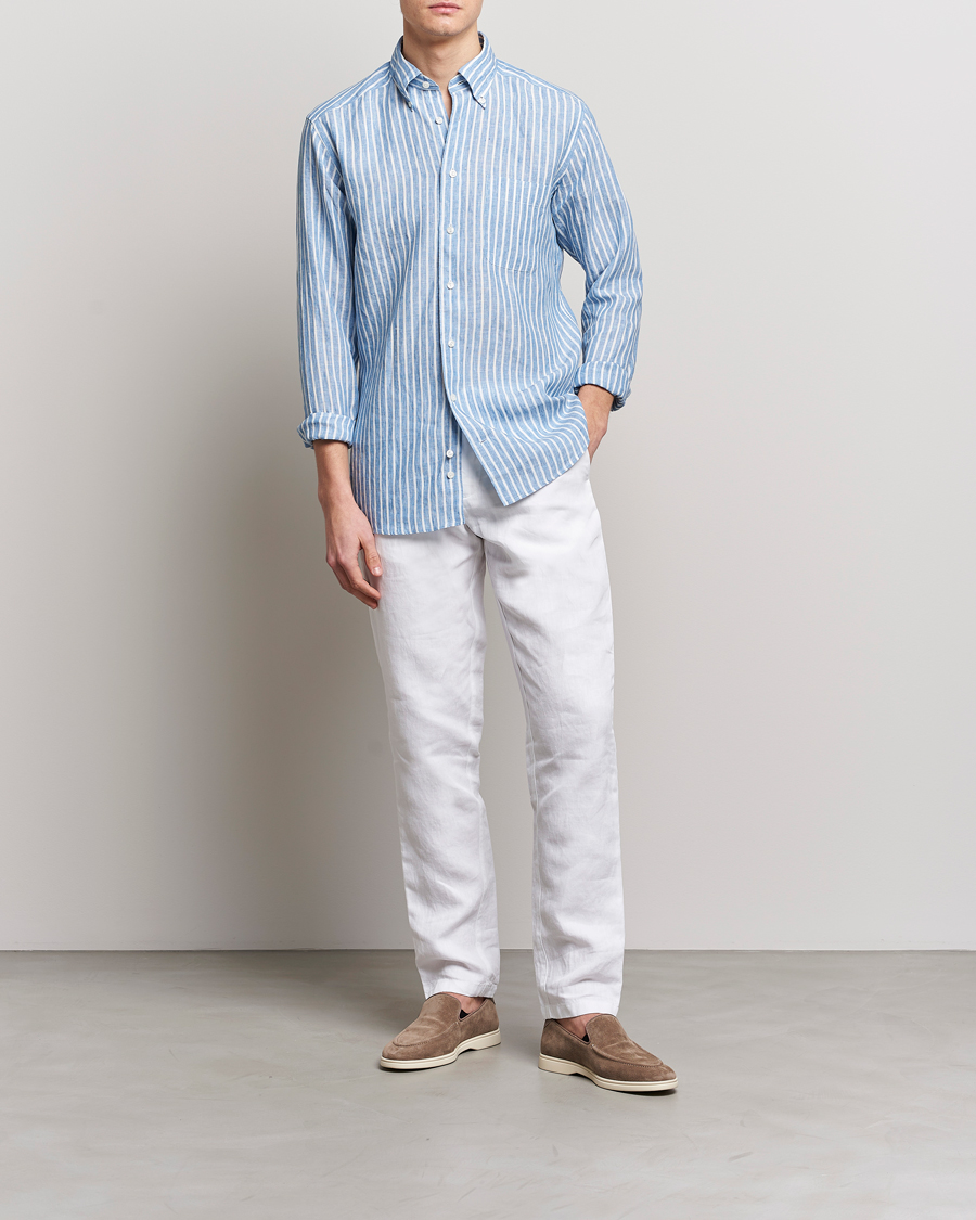 Herren | Hemden | Eton | Slim Fit Striped Linen Shirt Mid Blue