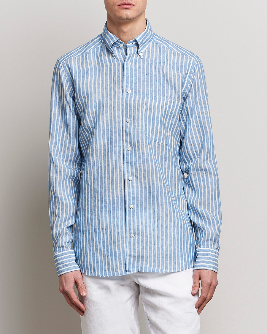 Herren | Hemden | Eton | Slim Fit Striped Linen Shirt Mid Blue