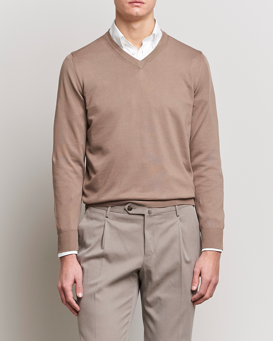 Herren | Pullover | Canali | Cotton V-Neck Pullover Brown