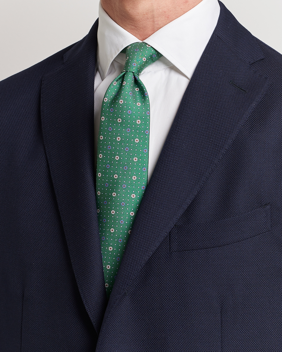 Herren | Canali Printed Flower Silk Tie Green | Canali | Printed Flower Silk Tie Green