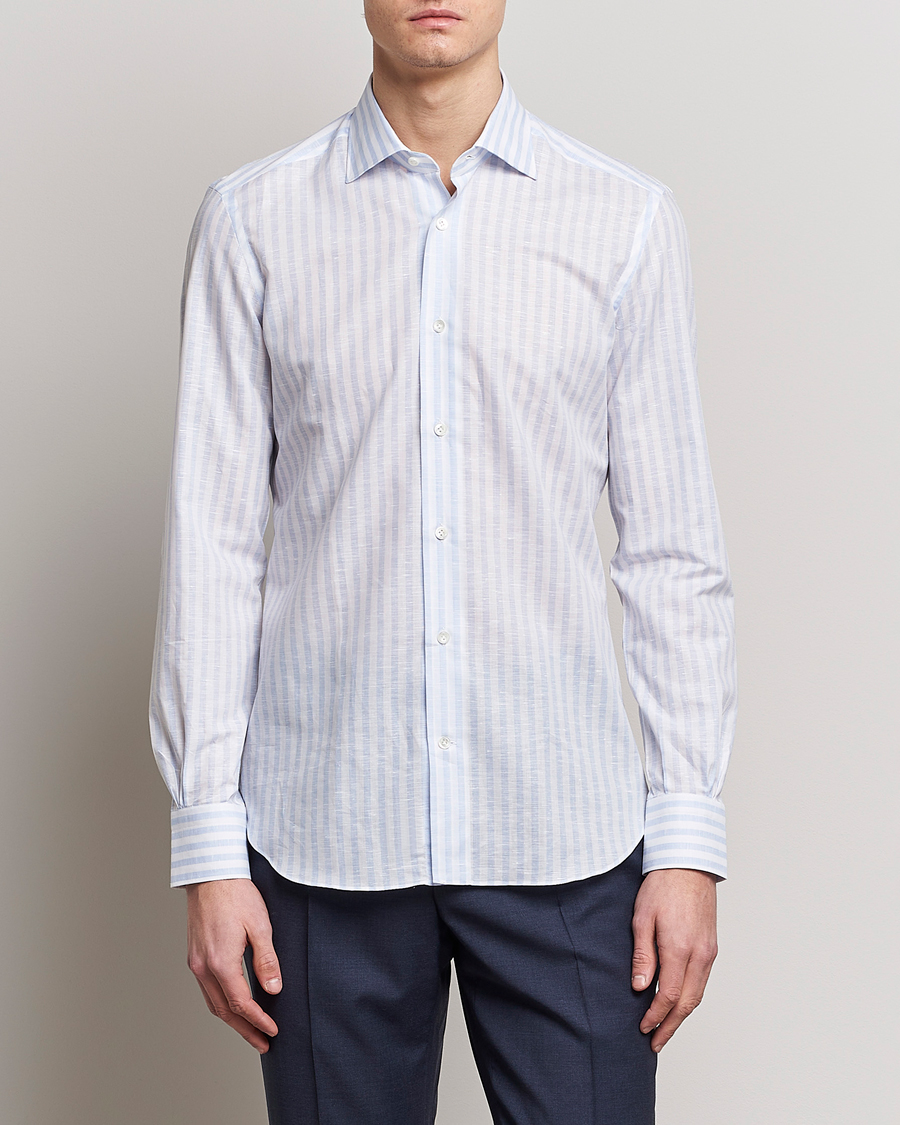 Herren | Hemden | Mazzarelli | Soft Cotton/Linen Shirt Light Blue Stripe