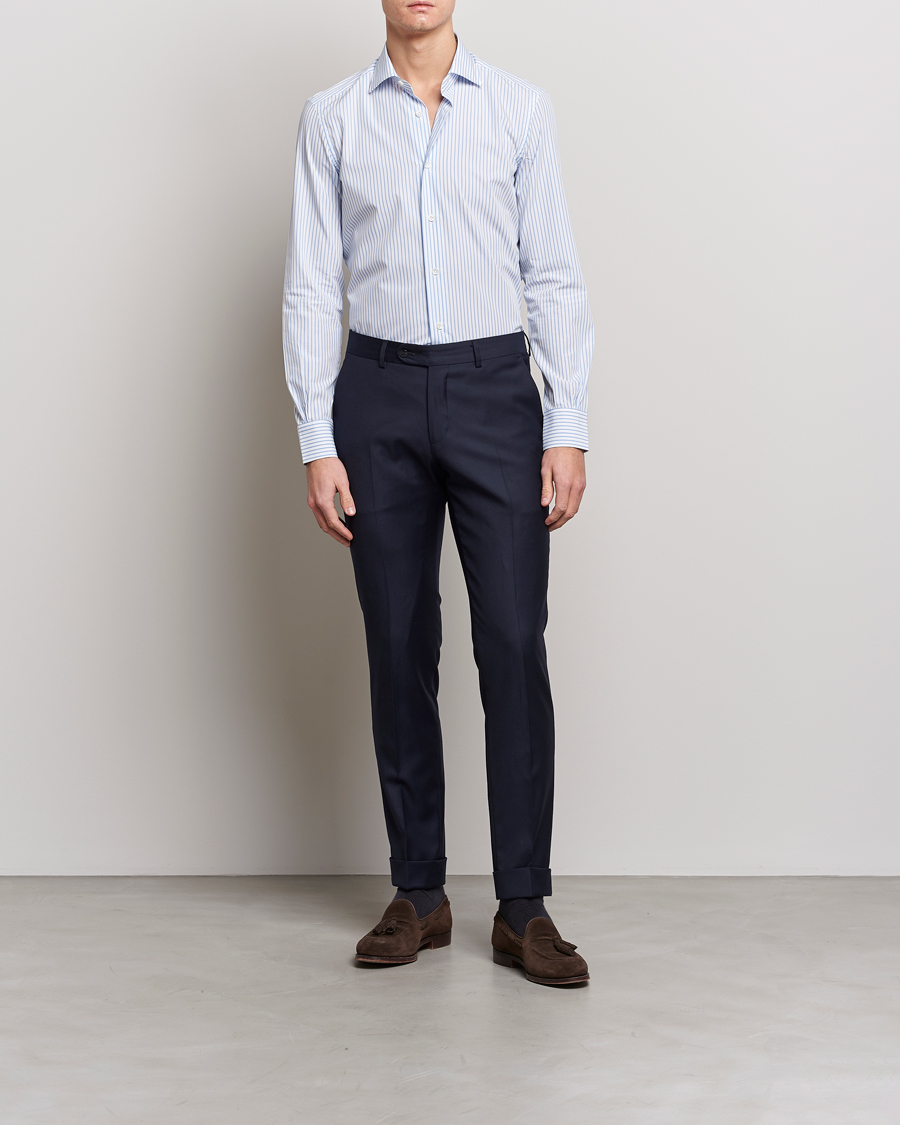 Herren | Hemden | Mazzarelli | Soft Cotton Cut Away Shirt Light Blue Stripe