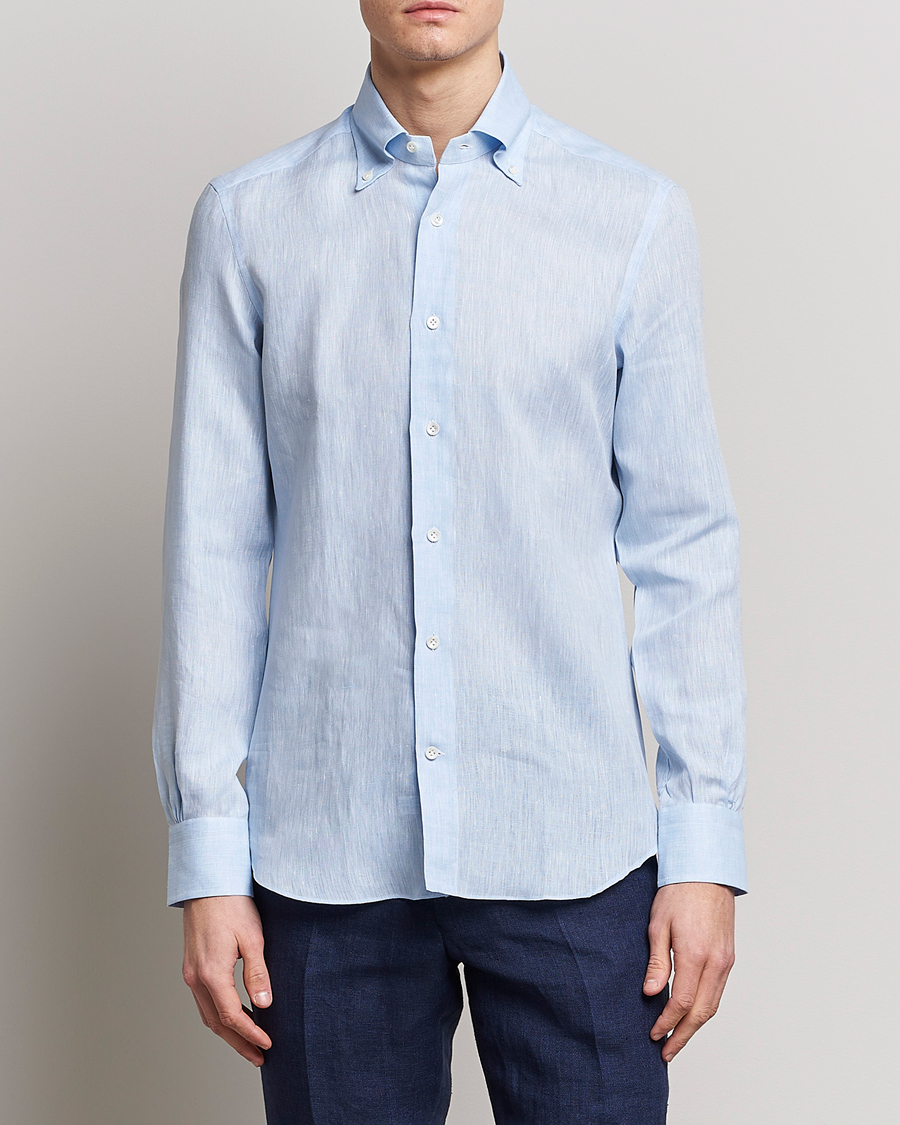 Herren | Hemden | Mazzarelli | Soft Linen Button Down Shirt Light Blue