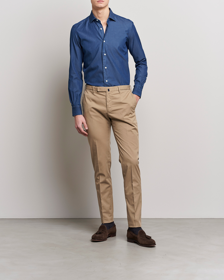 Herren | Hemden | Mazzarelli | Soft Denim Cut Away Shirt Dark Indigo