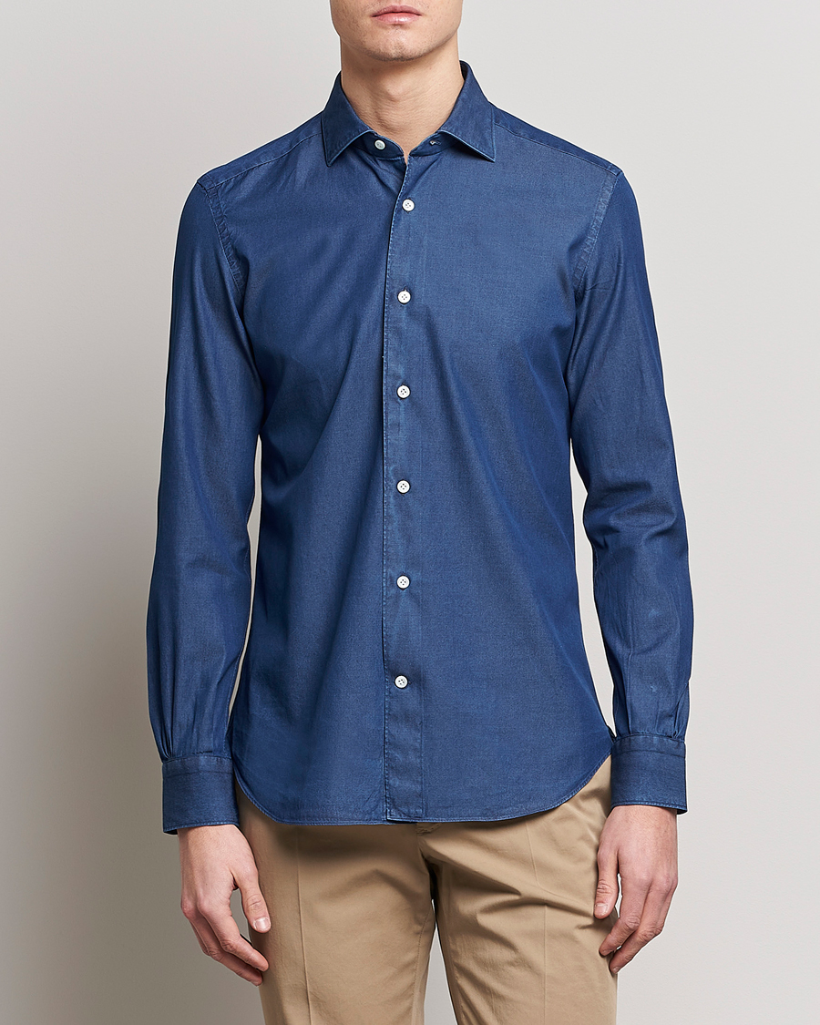 Herren | Hemden | Mazzarelli | Soft Denim Cut Away Shirt Dark Indigo