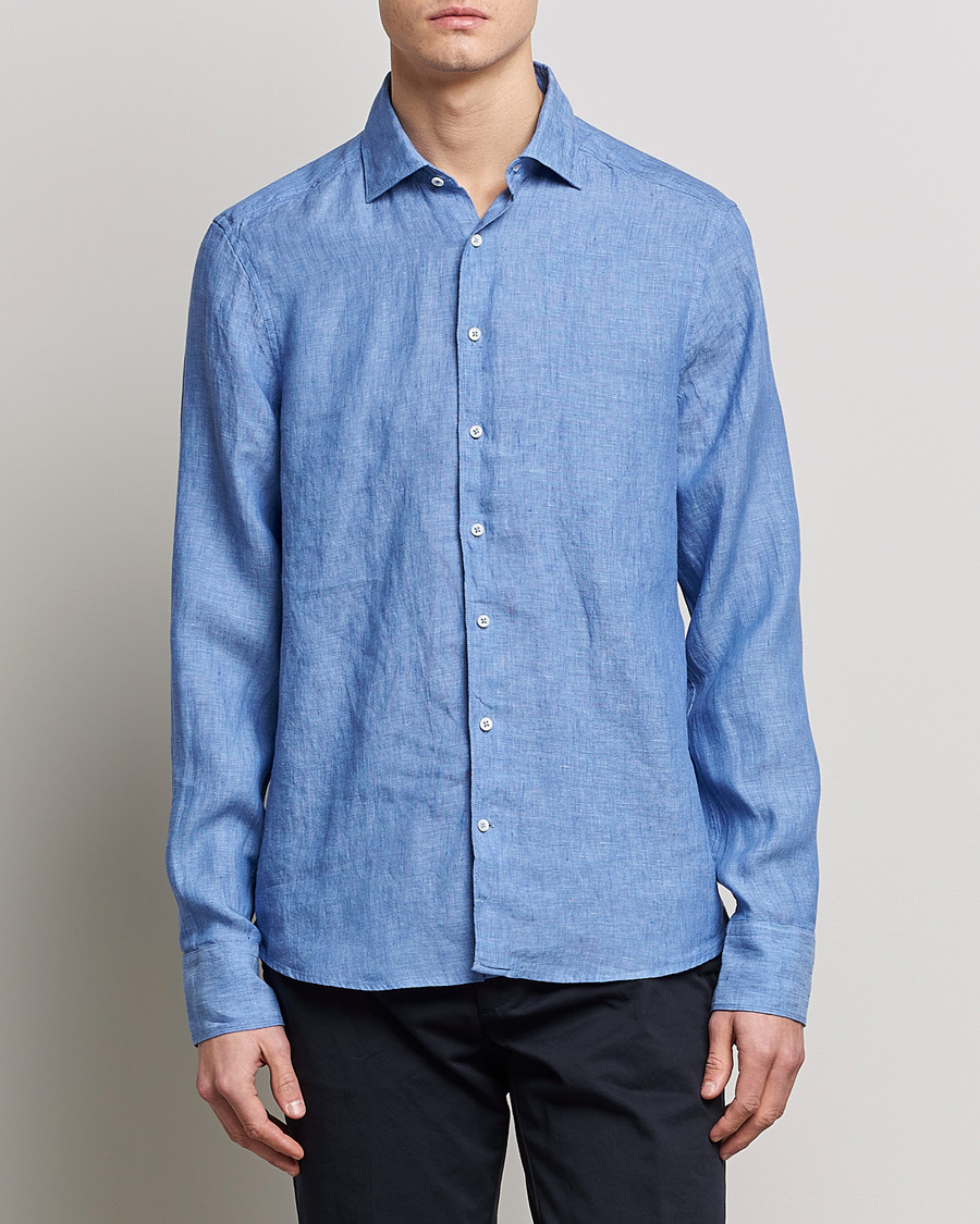 Herren | Hemden | Stenströms | Slimline Cut Away Linen Shirt Mid Blue