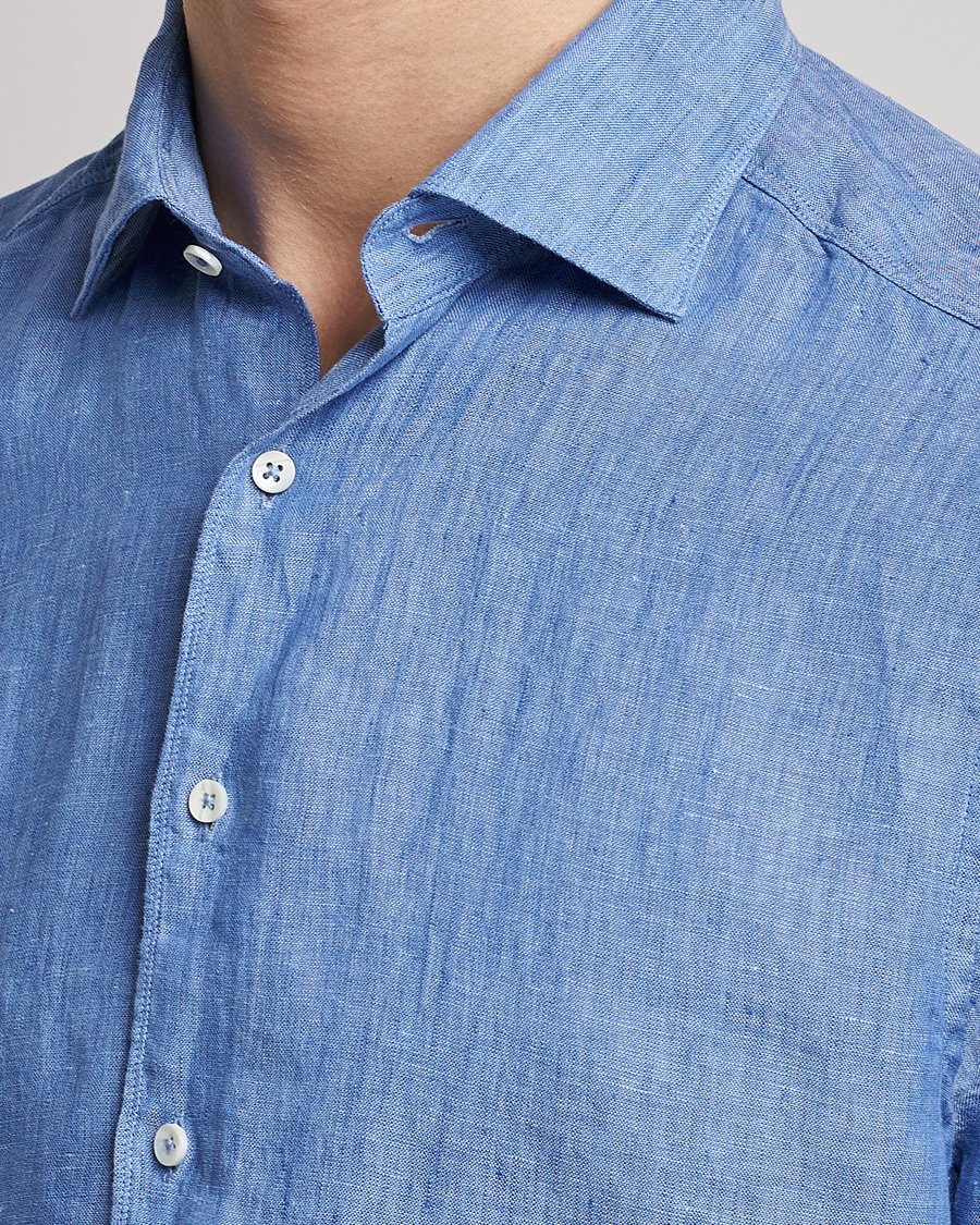 Herren | Hemden | Stenströms | Slimline Cut Away Linen Shirt Mid Blue