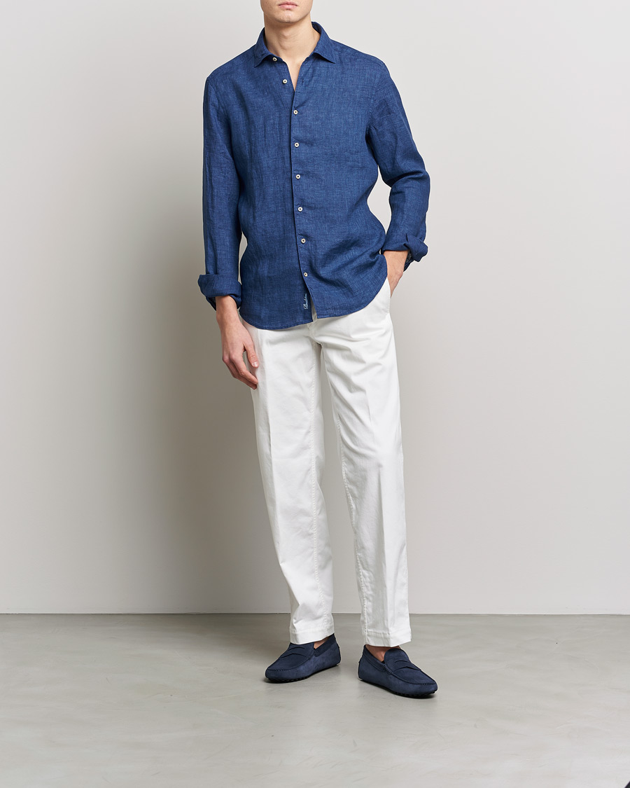 Herren | Hemden | Stenströms | Slimline Cut Away Linen Shirt Dark Blue