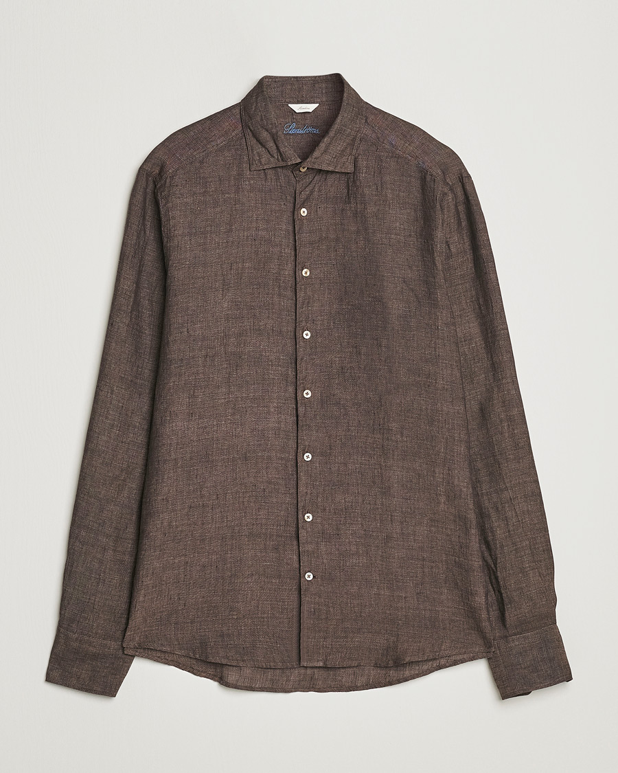 Herren | Hemden | Stenströms | Slimline Cut Away Linen Shirt Dark Brown