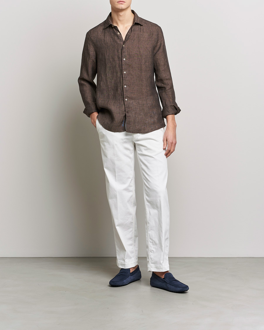 Herren | Hemden | Stenströms | Slimline Cut Away Linen Shirt Dark Brown