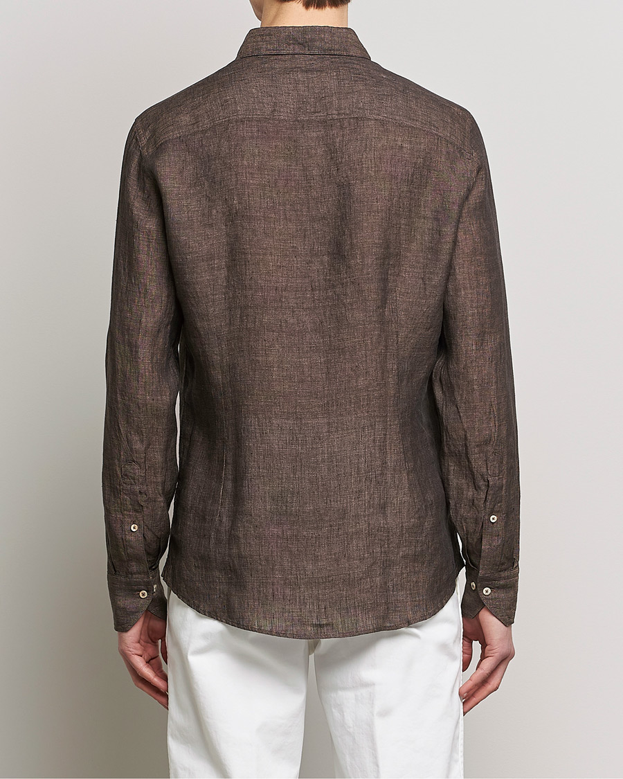 Herren | Hemden | Stenströms | Slimline Cut Away Linen Shirt Dark Brown