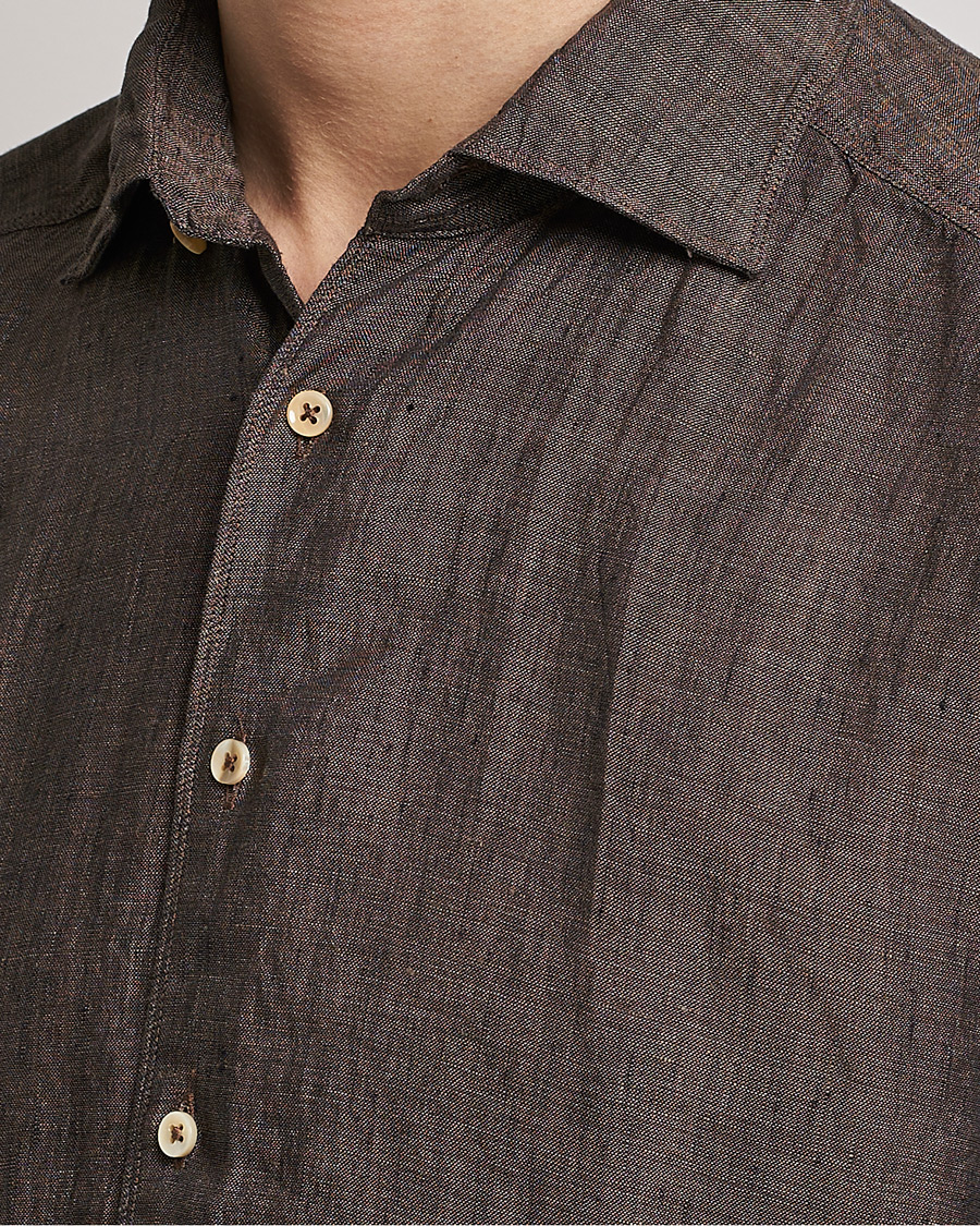 Herren | Hemden | Stenströms | Slimline Cut Away Linen Shirt Dark Brown