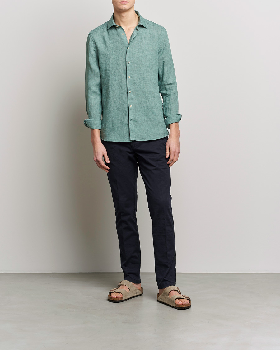 Herren | Hemden | Stenströms | Slimline Cut Away Linen Shirt Deep Green