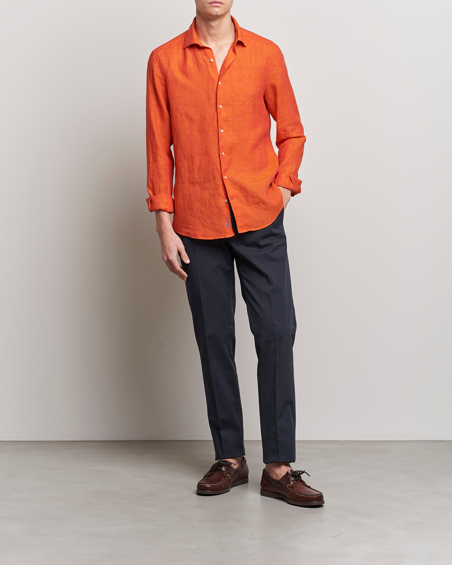 Herren | Hemden | Stenströms | Slimline Cut Away Linen Shirt Orange