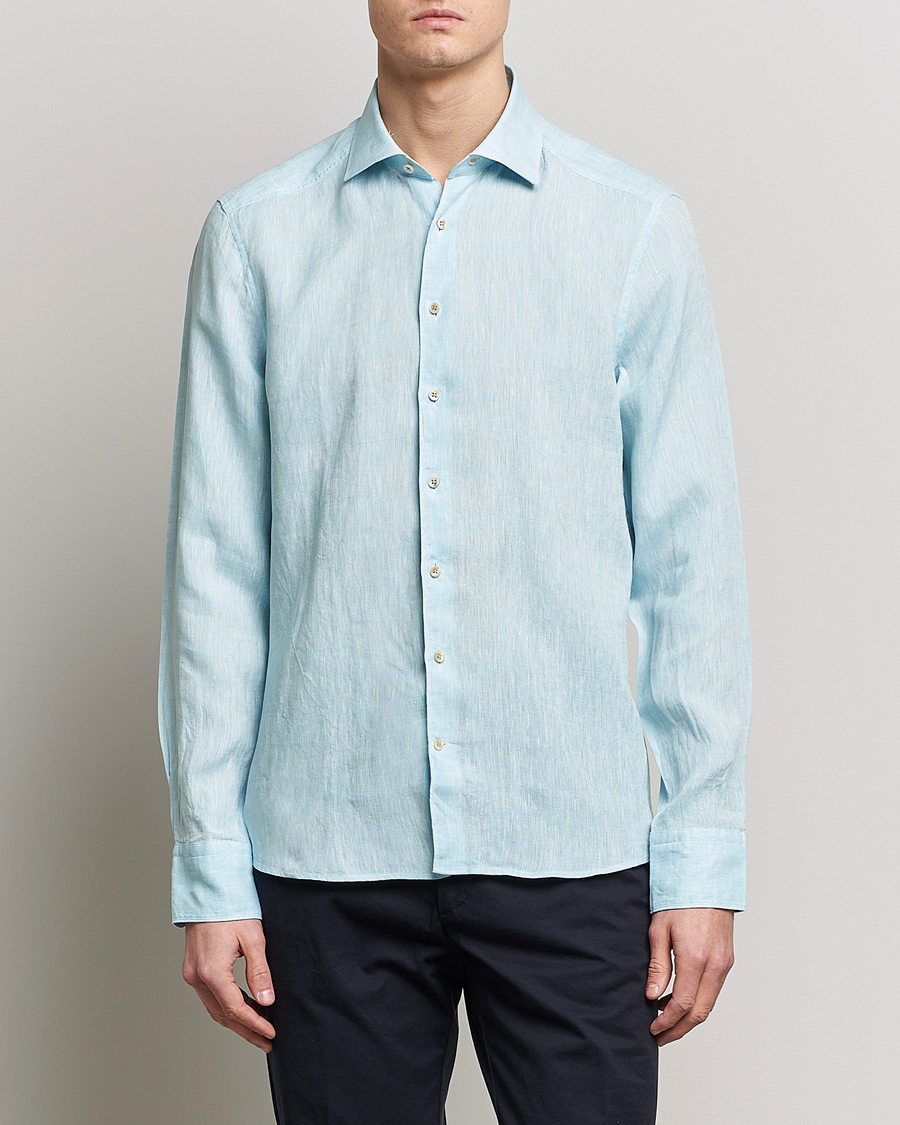 Herren | Hemden | Stenströms | Slimline Cut Away Linen Shirt Turqoise