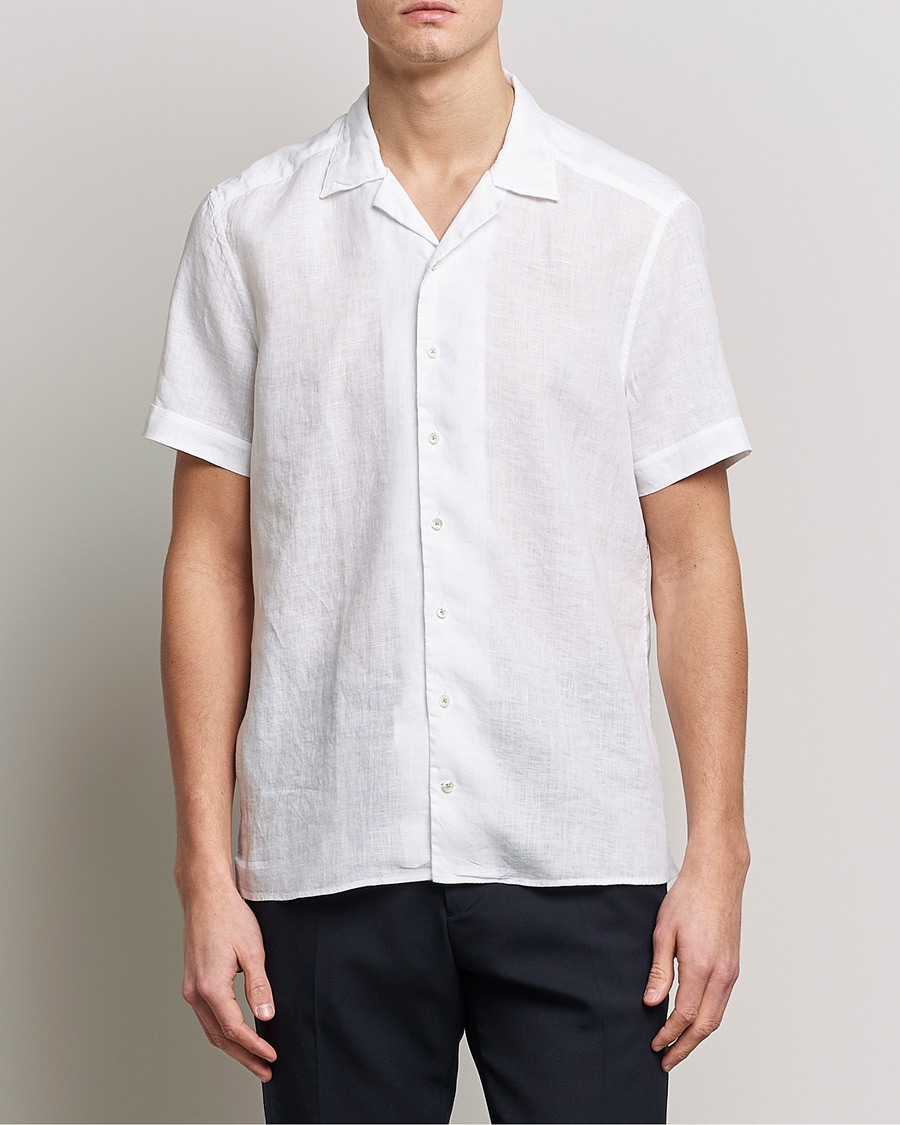 Herren | Hemden | Stenströms | Slimline Short Sleeve Resort Linen Shirt White