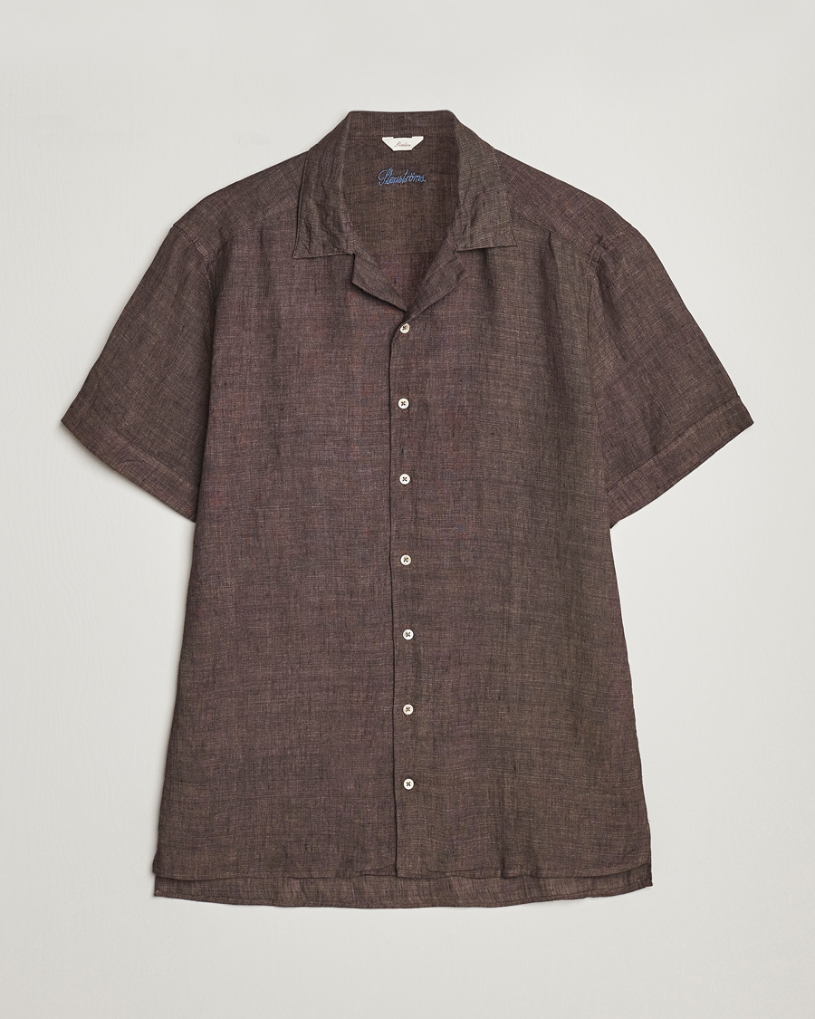 Herren | Hemden | Stenströms | Slimline Short Sleeve Resort Linen Shirt Dark Brown