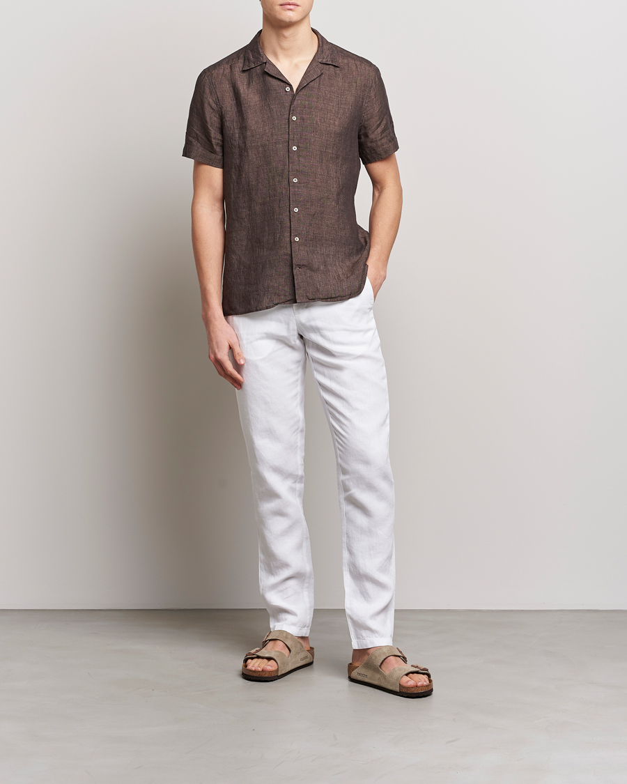 Herren | Hemden | Stenströms | Slimline Short Sleeve Resort Linen Shirt Dark Brown
