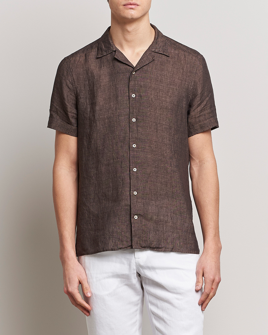 Herren | Hemden | Stenströms | Slimline Short Sleeve Resort Linen Shirt Dark Brown