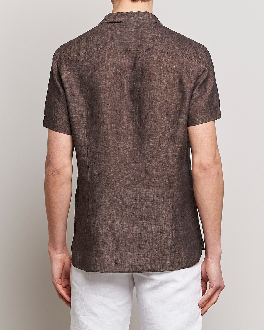 Herren | Hemden | Stenströms | Slimline Short Sleeve Resort Linen Shirt Dark Brown