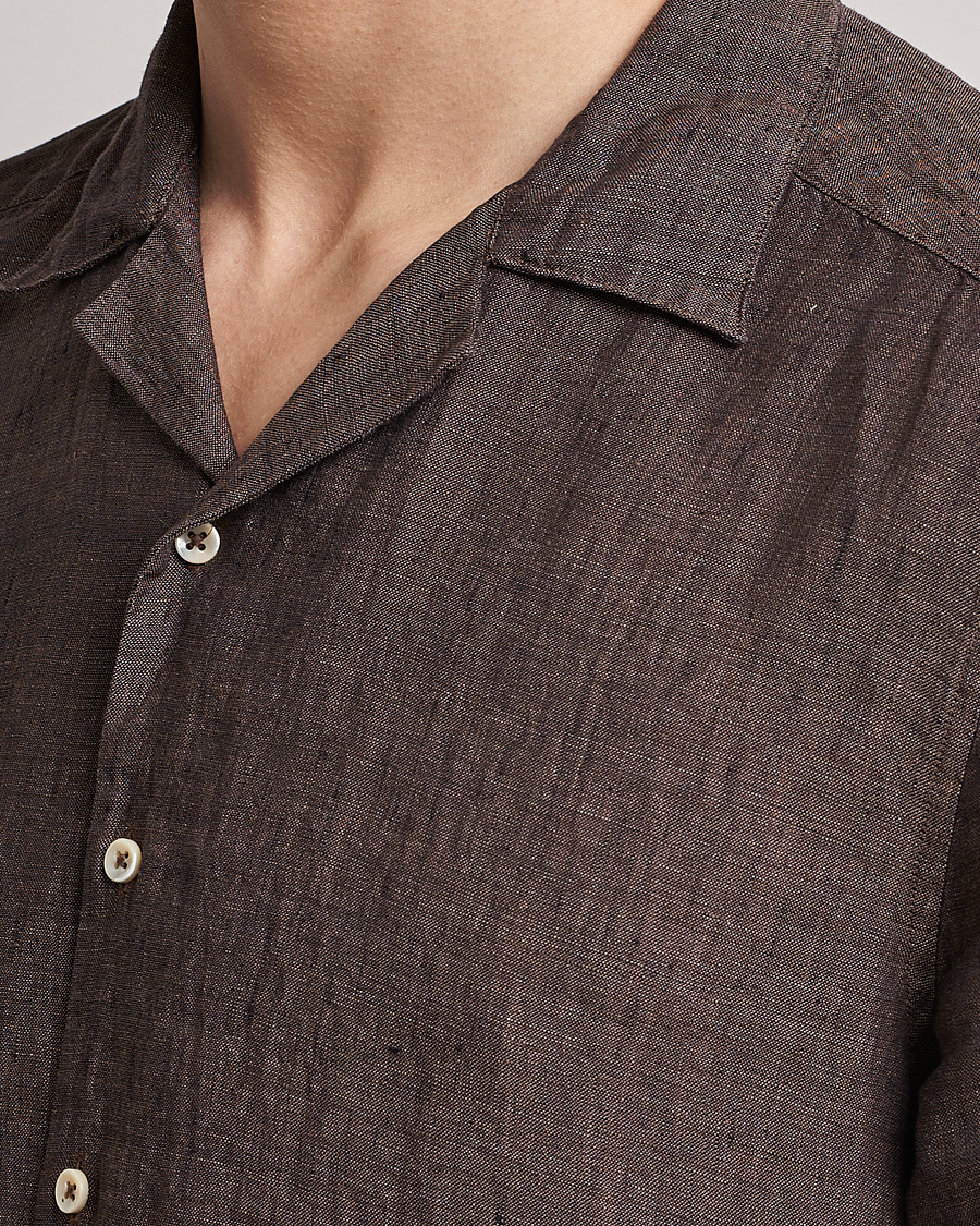 Herren | Hemden | Stenströms | Slimline Short Sleeve Resort Linen Shirt Dark Brown