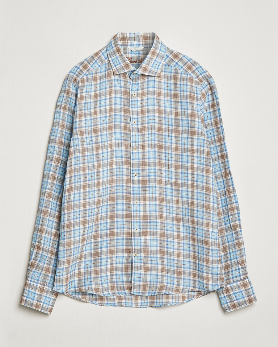 Herren | Hemden | Stenströms | Slimline Cut Away Checked Linen Shirt Blue/Beige