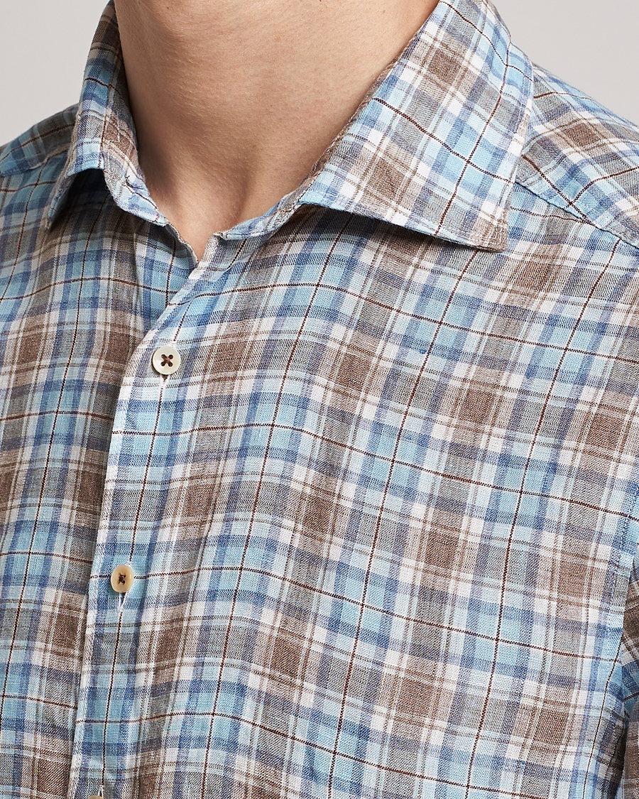 Herren | Hemden | Stenströms | Slimline Cut Away Checked Linen Shirt Blue/Beige