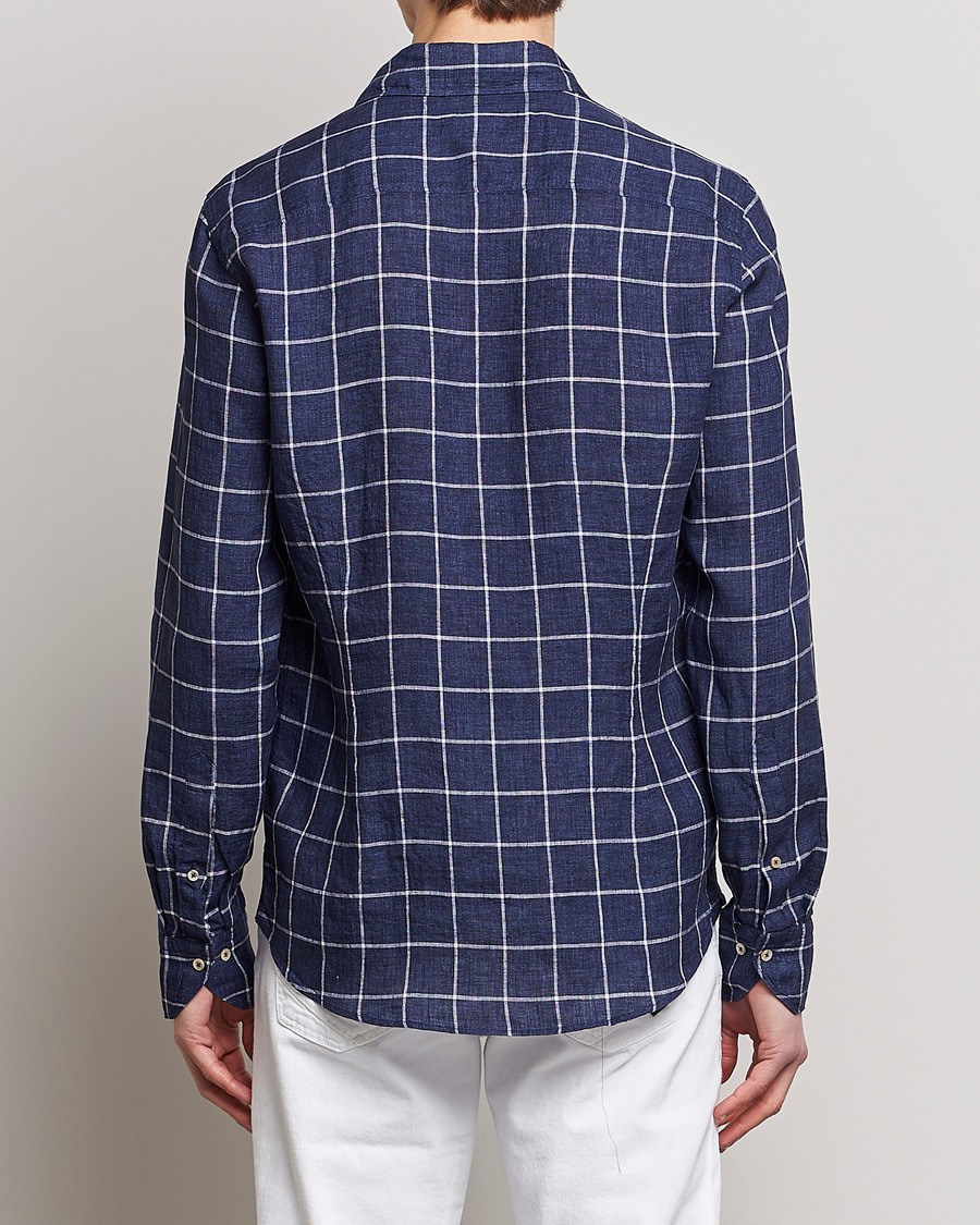 Herren | Hemden | Stenströms | Slimline Cut Away Checked Linen Shirt Dark Blue