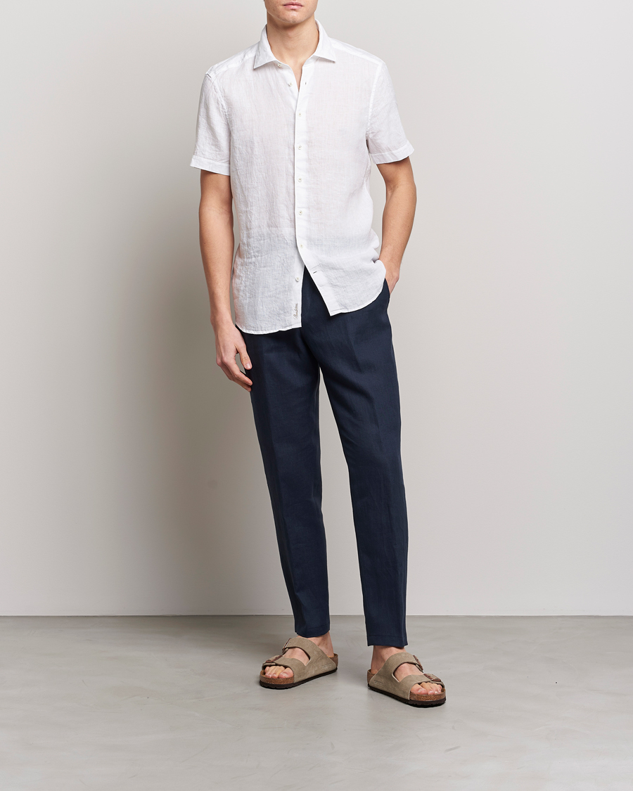 Herren | Hemden | Stenströms | Slimline Cut Away Short Sleeve Linen Shirt White