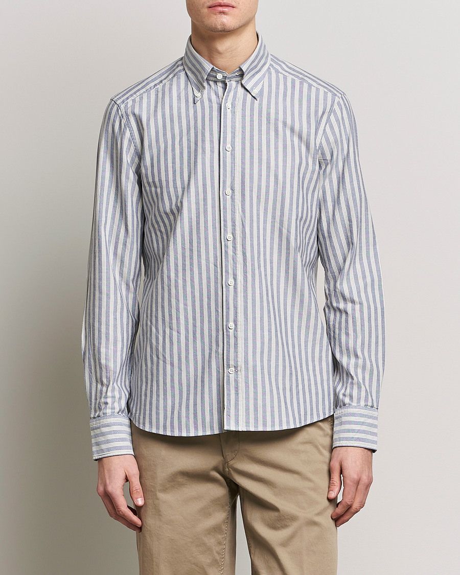 Herren | Hemden | Stenströms | Slimline Washed Striped Oxford Shirt Blue