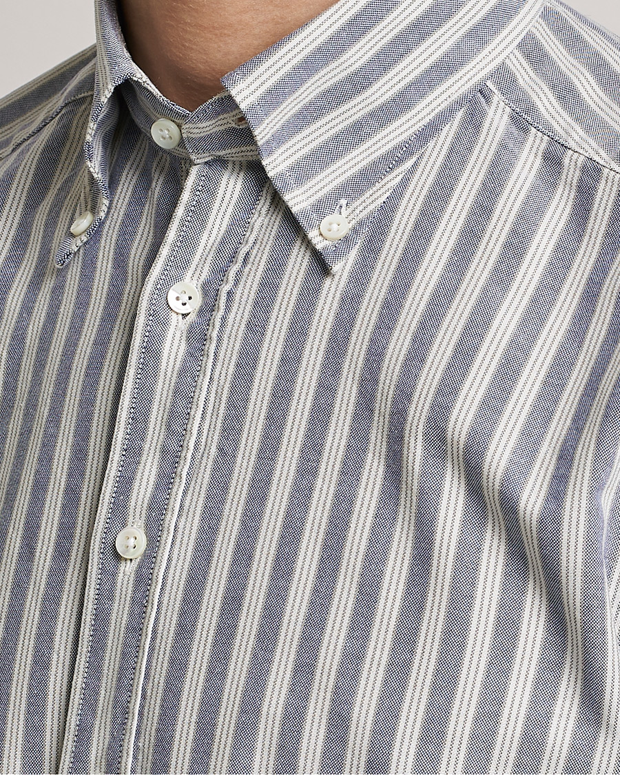 Herren | Hemden | Stenströms | Slimline Washed Striped Oxford Shirt Blue