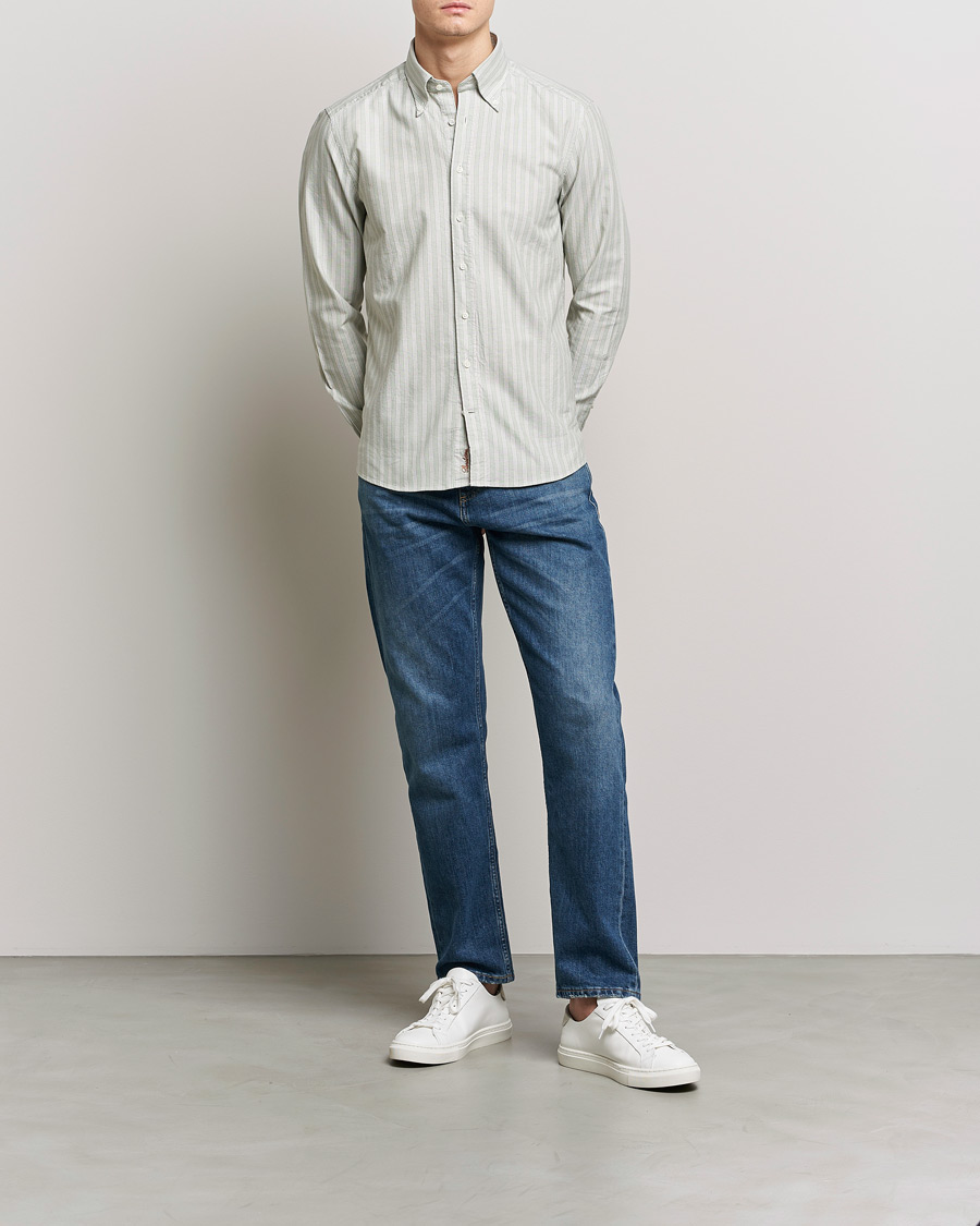 Herren | Hemden | Stenströms | Slimline Washed Striped Oxford Shirt Pistachio