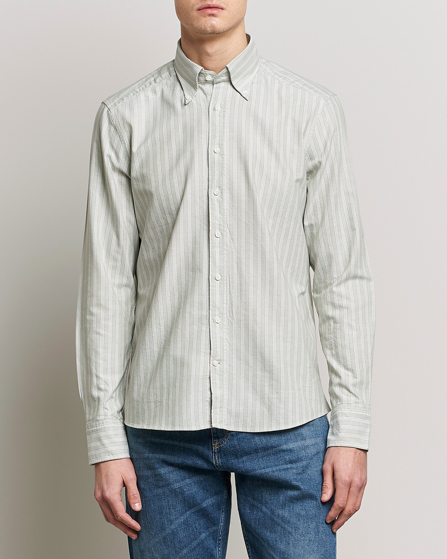 Herren | Hemden | Stenströms | Slimline Washed Striped Oxford Shirt Pistachio
