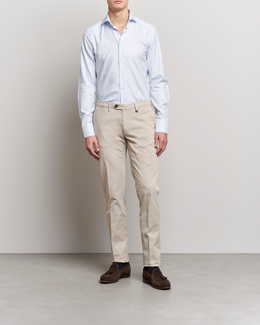 Herren | Hemden | Stenströms | Slimline Multicheck Cut Away Shirt Light Blue