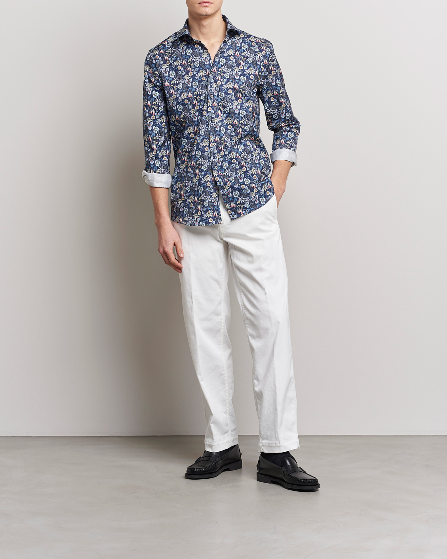 Herren | Hemden | Stenströms | Slimline Cut Away Flower Print Shirt Blue