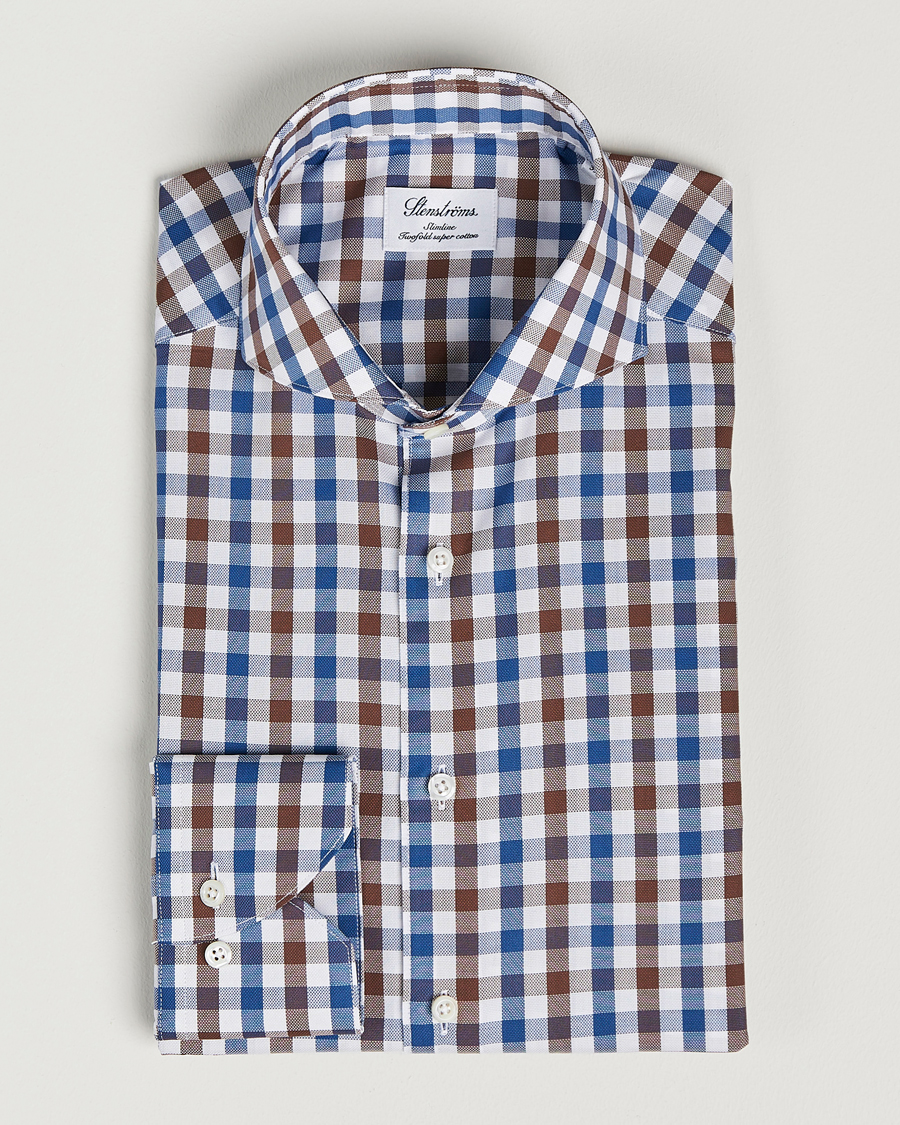 Herren | Hemden | Stenströms | Slimline Cut Away Gingham Shirt Brown/Blue