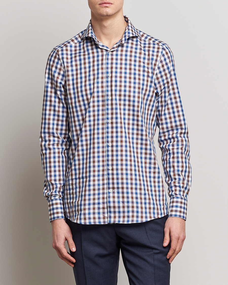 Herren | Hemden | Stenströms | Slimline Cut Away Gingham Shirt Brown/Blue