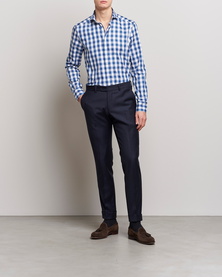 Herren | Hemden | Stenströms | Slimline Cut Away Large Gingham Shirt Blue