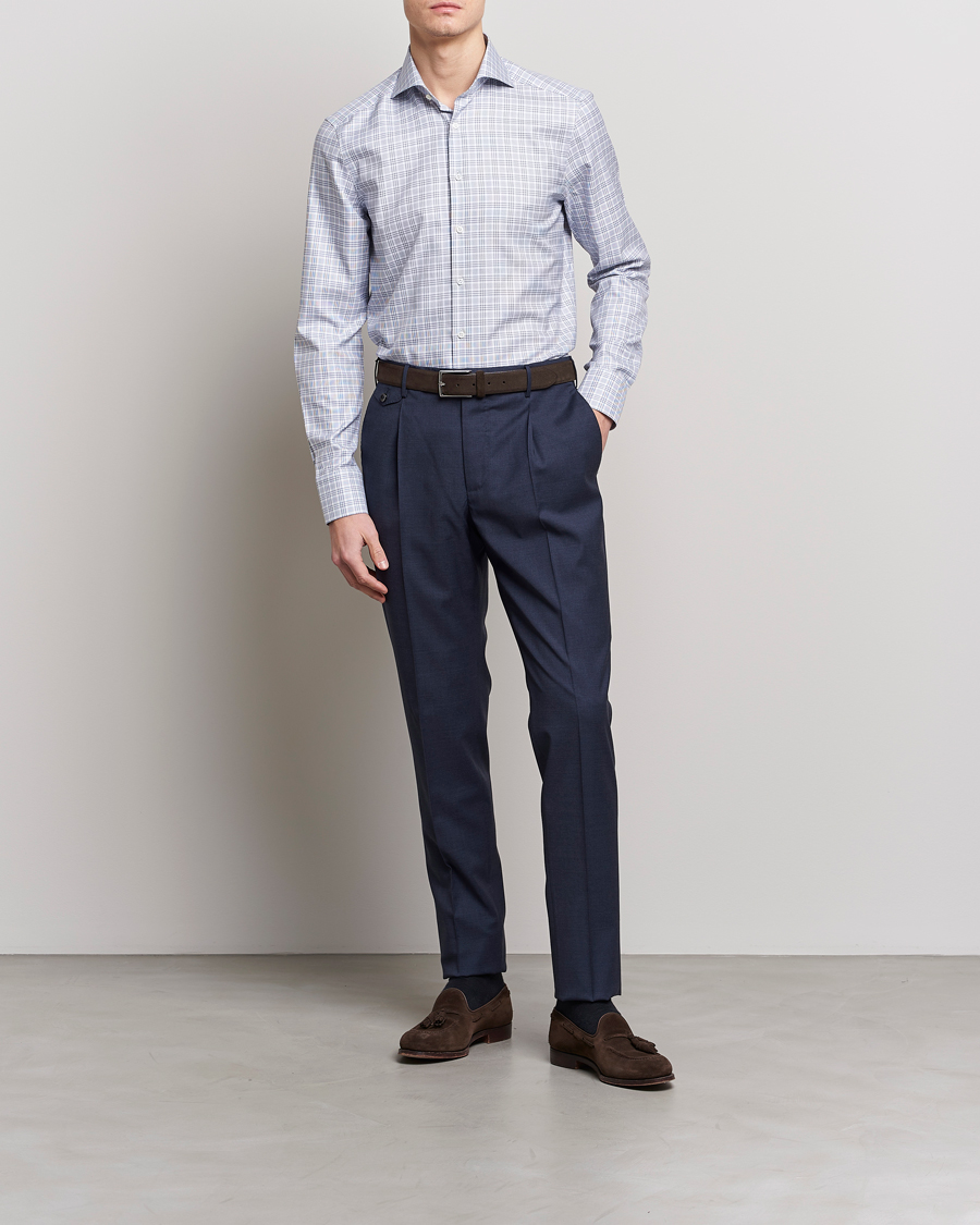 Herren | Hemden | Stenströms | Slimline Cut Away Multicheck Shirt Blue