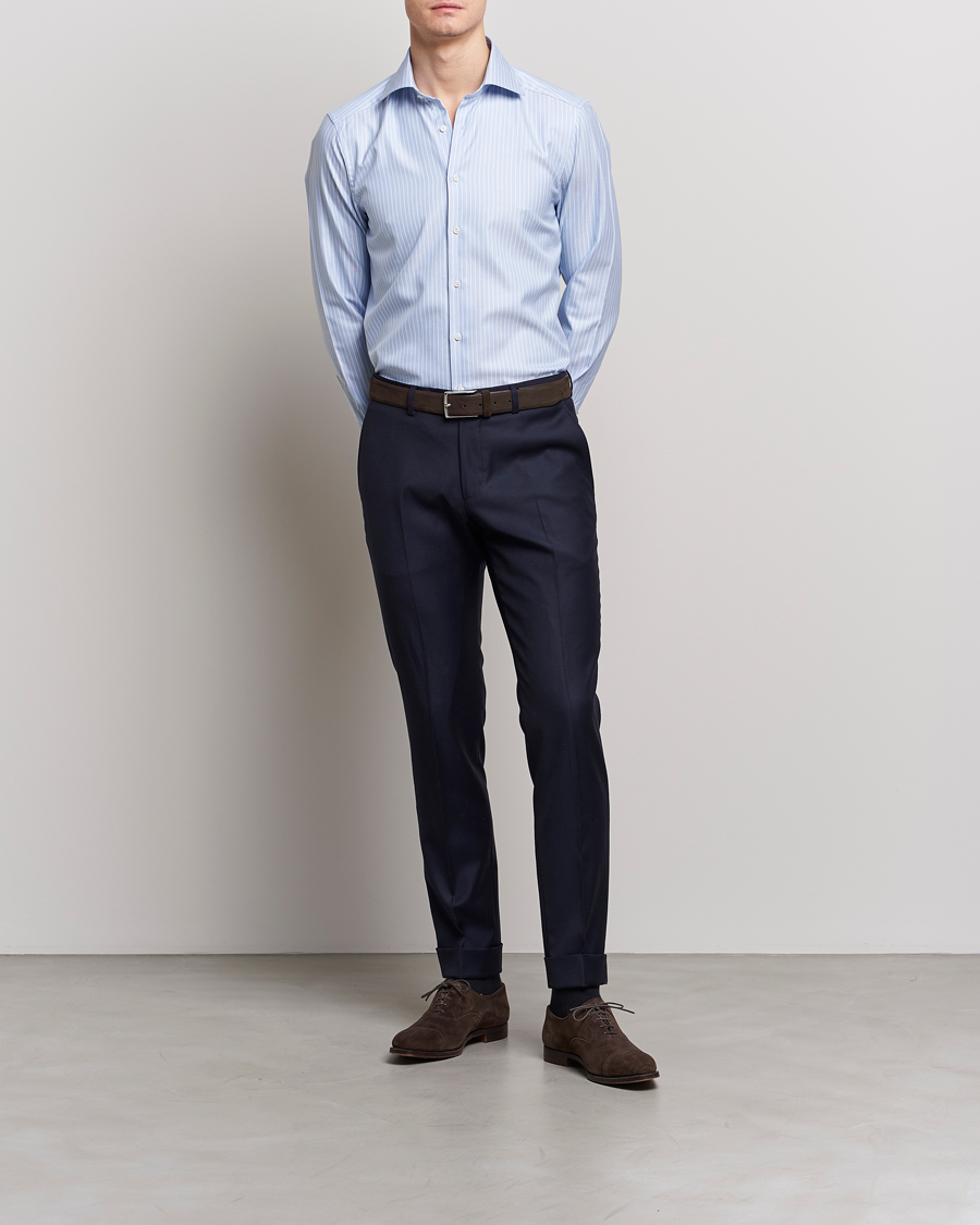 Herren | Hemden | Stenströms | Slimline Cut Away Herringbone Striped Shirt Blue