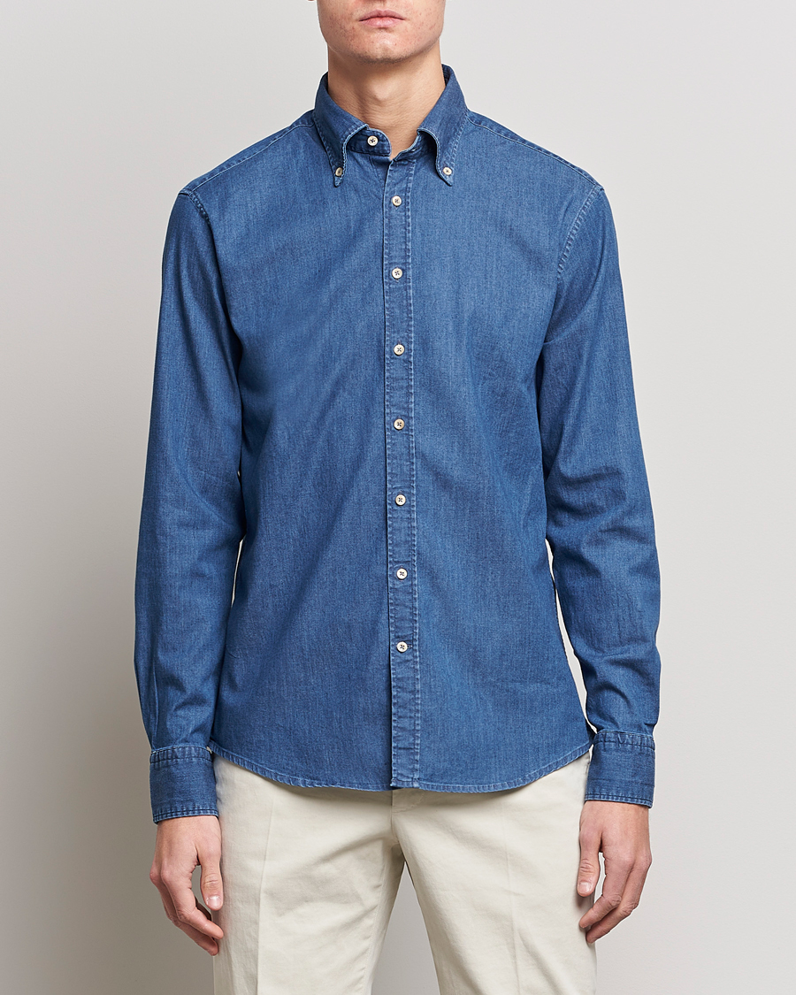 Herren | Kategorie | Stenströms | Fitted Body Button Down Garment Washed Shirt Mid Blue Denim