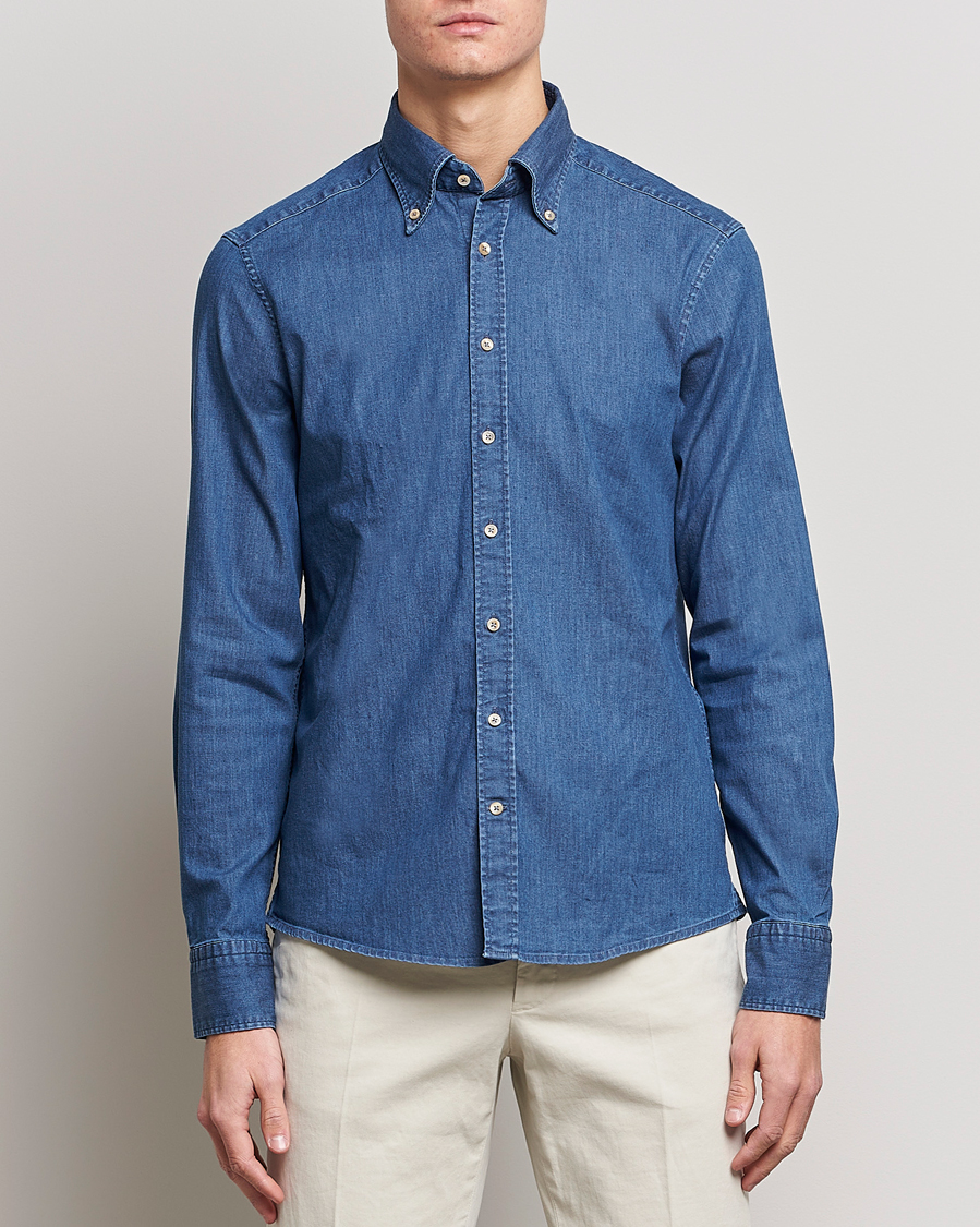 Herren | Freizeithemden | Stenströms | Slimline Button Down Garment Washed Shirt Mid Blue Denim